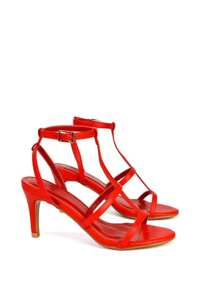 XY London Beaux Caged Cut Out Detail Mid High Heel Stiletto Ankle Strappy Sandals in Red