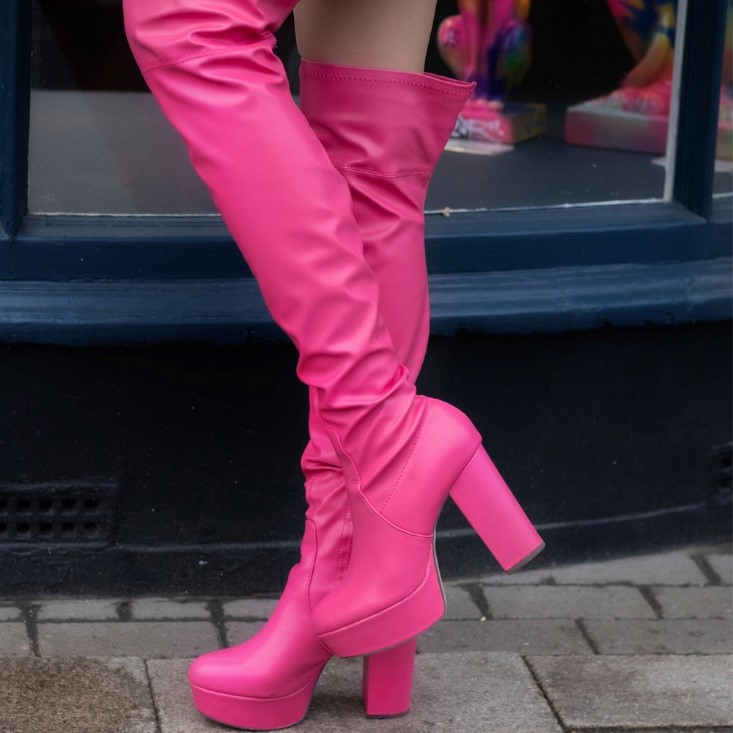 XY London Beverly Block High Heel Over the Knee Thigh High Statement Platform Boots in Pink Synthetic Leather
