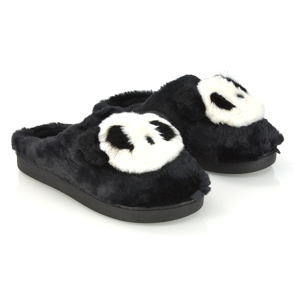 XY London Maddie Faux Fur Panda Slippers in Black