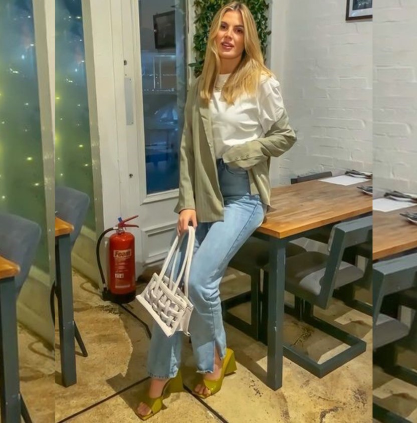 Influencer @beccalouisehinchliffe wearing Wide Leg Trousers, white T shirt, Blazer and Low Heels  Photo Credit: @beccalouisehinchliffe