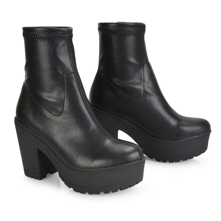 XY London Brandi Chunky Sole Block Heeled Slip on Ankle Platform Boots in Black Synthetic Leather