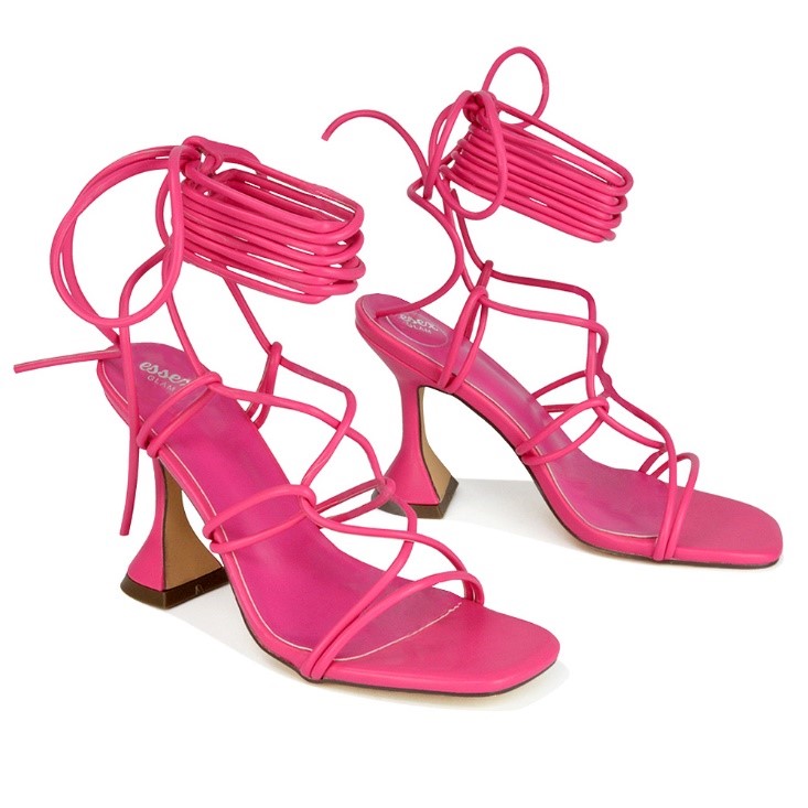XY London Briar Lace up Square Toe Sculptured Mid High Heels in Fuchsia Synthetic Leather