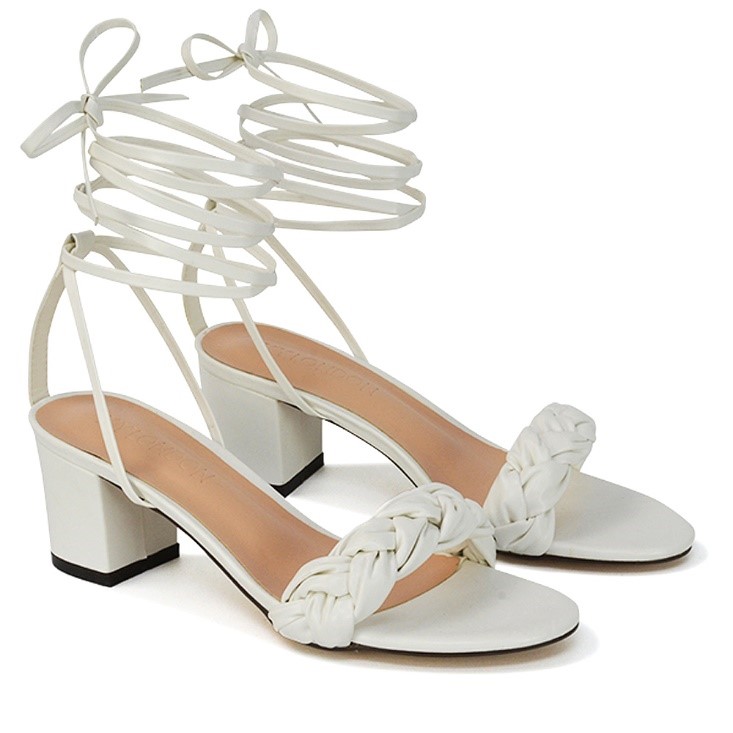 XY London Callie Lace up Square Toe Mid High Heel Sandals in White