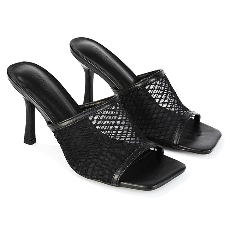 XY London Cici Mesh Panel Square Toe Stiletto High Heel Mule Sandals in Black