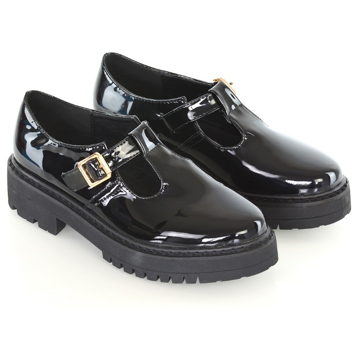 XY London Clarabella Buckle T-Strap Detail Flat Chunky Sole Brogues in Black Patent 