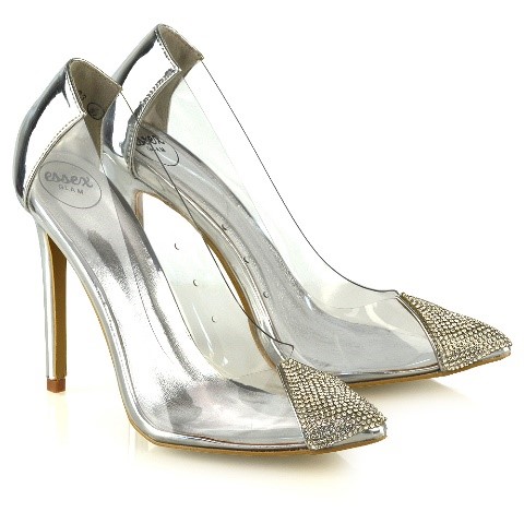 XY London Kaz Diamante Perspex Court Heels in Silver