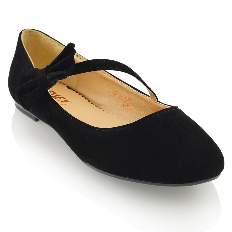 XY London Colette Flat Low Heel Strappy With Bow Detailing Ballerina Pump Shoes in Black Faux Suede