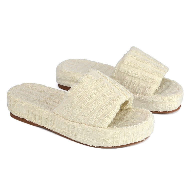 XY London Darla Terry Towelling Sliders Platform Flat Slippers in Off White