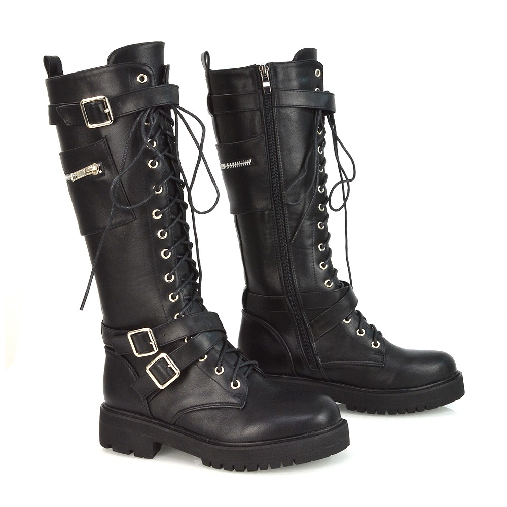 XY London Dawn Lace up Pocket Biker Boots in Black Synthetic Leather