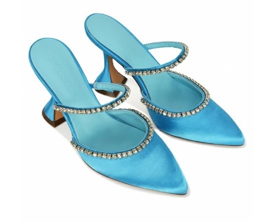 Deena Pointed Toe Diamante Flared High Heel Court Shoe Mule in Blue Satin