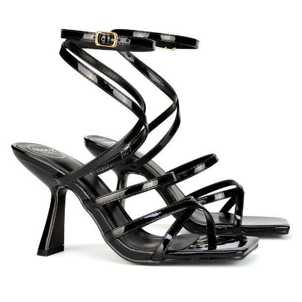 XY London Donna Strappy Ankle Square Toe Party Thin Block High Heel Sandals in Black Patent