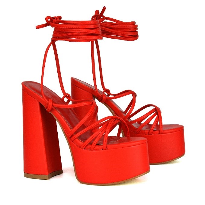 XY London Estelle Lace up Platform Chunky Sole Block Strappy High Heels in Red Synthetic Leather