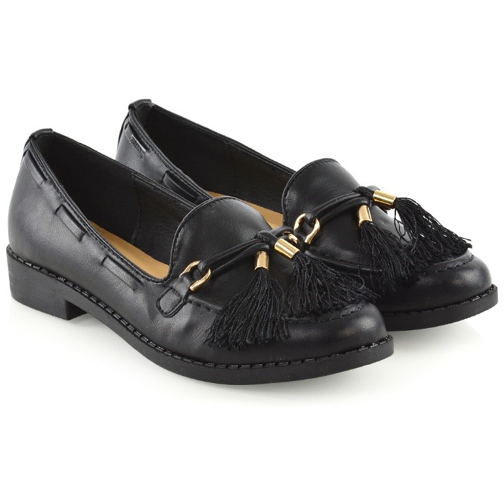 XY London Evie Tassel Detailing Chunky Low Block Heel Loafer Shoes in Black Synthetic Leather 