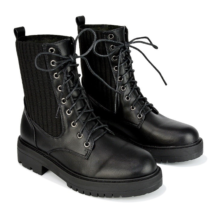 XY London Fawn Lace up Flat Biker Ankle Combat Winter Boots in Black Synthetic Leather
