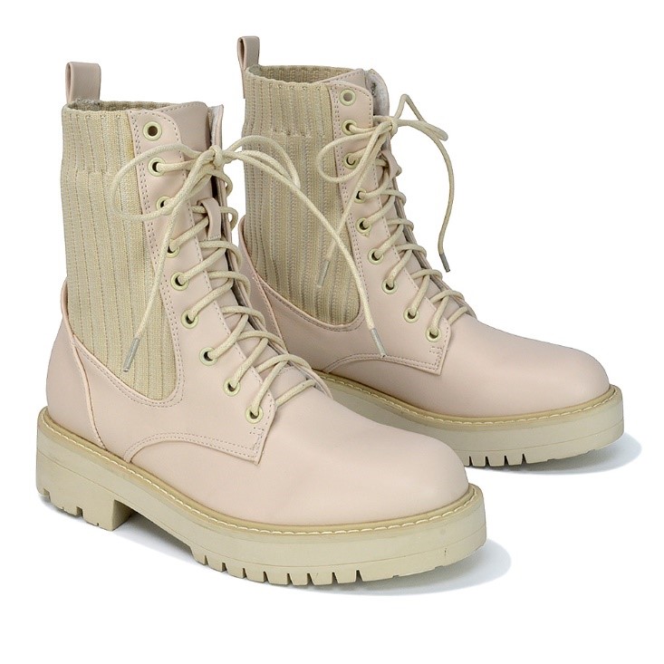XY London Fawn Lace Up Flat Biker Ankle Combat Winter Boots in Stone Synthetic Leather