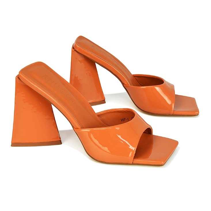 XY London Gracia Square Peep Toe Sculptured Flared Block Heeled Mules in Orange Patent