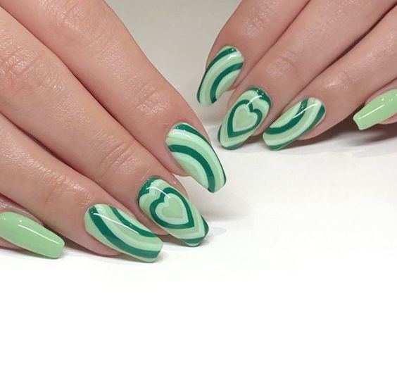 XY London Green Swirl and Heart Valentine’s Day Nails