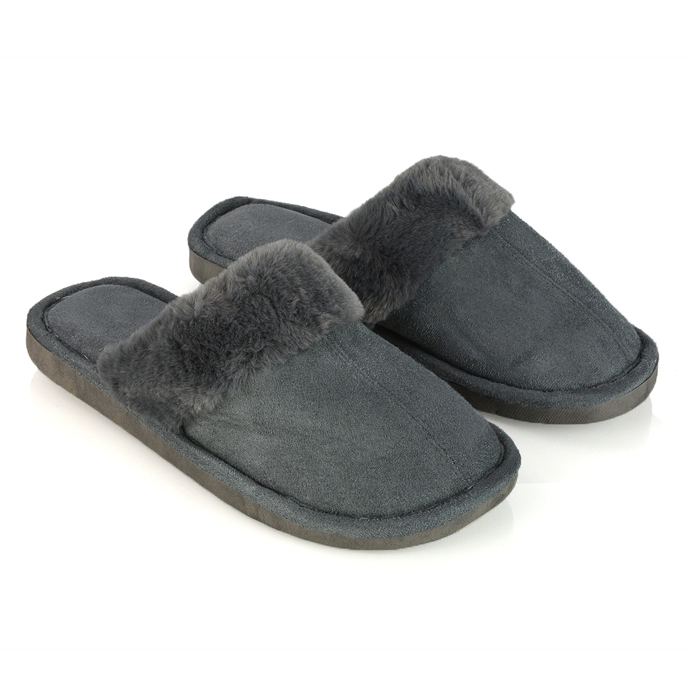 XY London Ashley Flat Closed Toe Fluffy Soft Fur Insole Mule Slippers in Grey