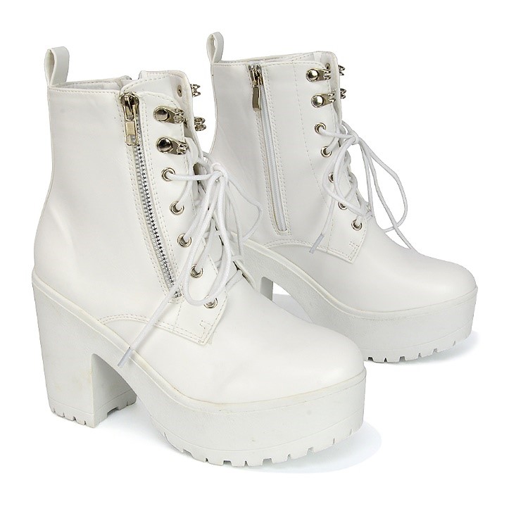 XY London Harlin Combat Platform Block High Heel Ankle Boots in White Synthetic Leather