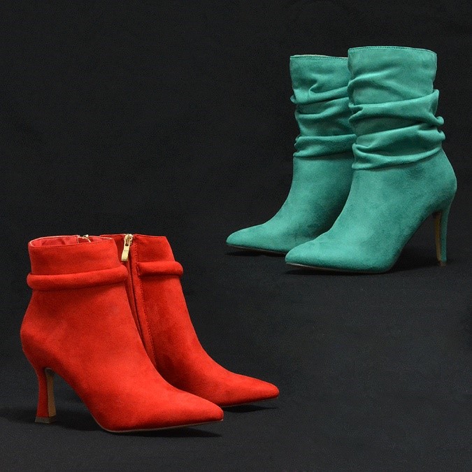 XY London Jaelyn Pointed Toe Ankle Boots Stiletto Heeled Booties in Red Faux Suede and Velma Ruched Pointed Toe Stiletto High Heeled Ankle Boots in Pine Faux Suede