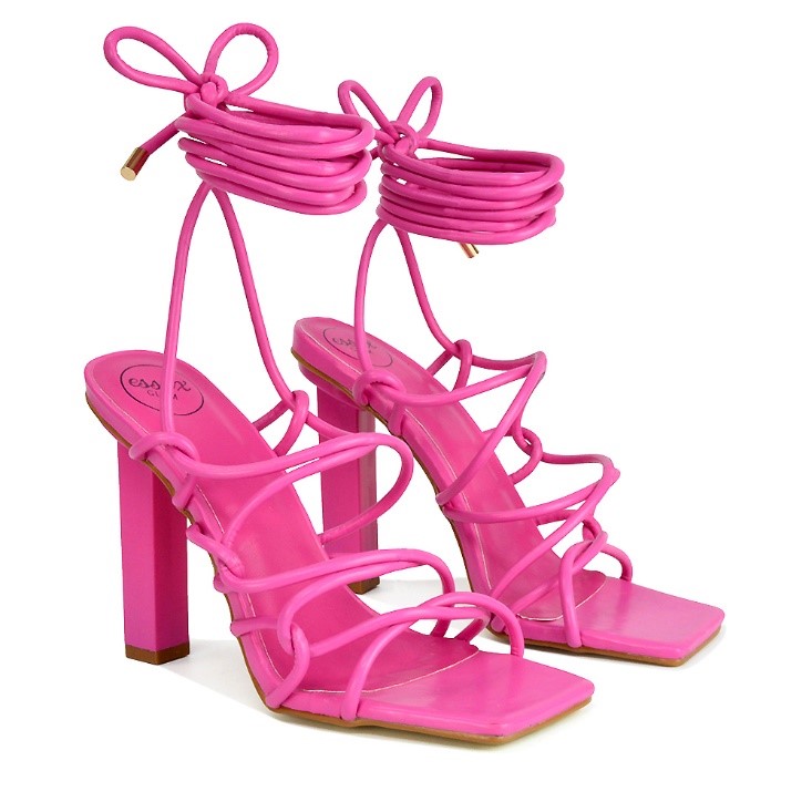 XY London Jolene Strappy Square Toe Block High Heels Lace up Sandals in Fuchsia Synthetic Leather