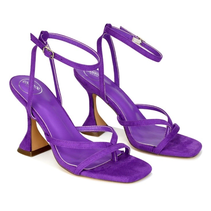 XY London Joni Square Toe Post Block Strappy High Heel Sandals in Purple Faux Suede