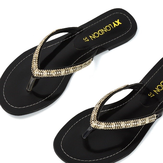 XY London Kail Diamante Flat Sandals in Black