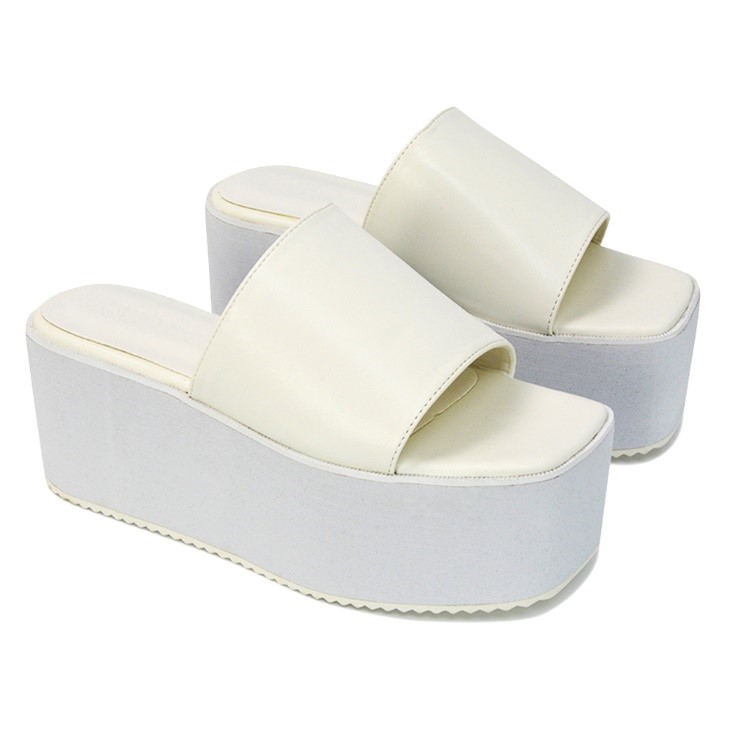 XY London Kaiya Square Toe Slip on Flatform Sandal Slides in White Synthetic Leather