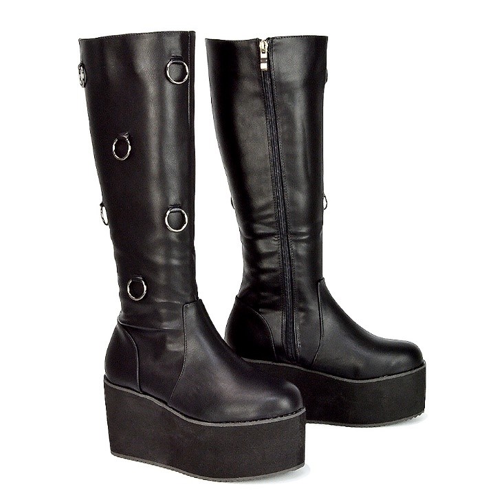XY London Keegan Platform Wedge Heel Knee High Winter Calf Boots in Black Synthetic Leather