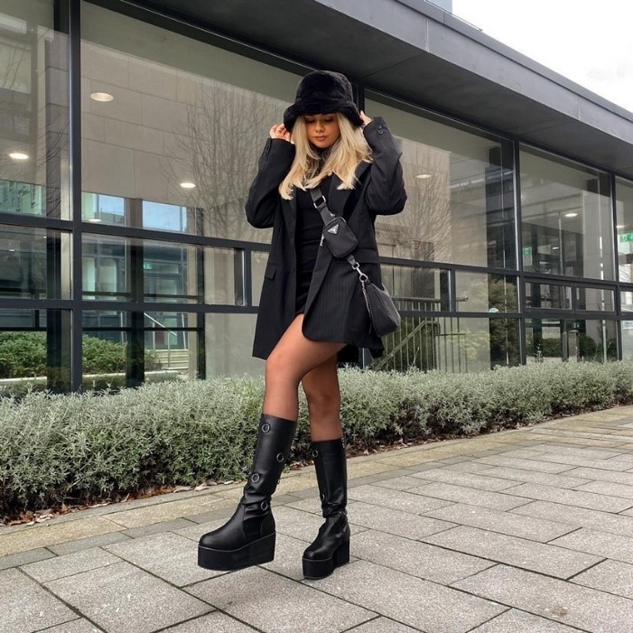 XY London Keegan Goth Boots Chunky Platform Mid-Calf Knee High Vegan Friendly in Black Synthetic Leather 