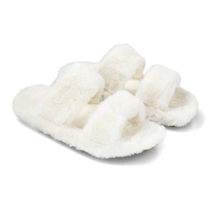 XY London Kiara Fluffy Faux Fur Double Strap Slip on Cosy Lounge Flat Slippers in White 