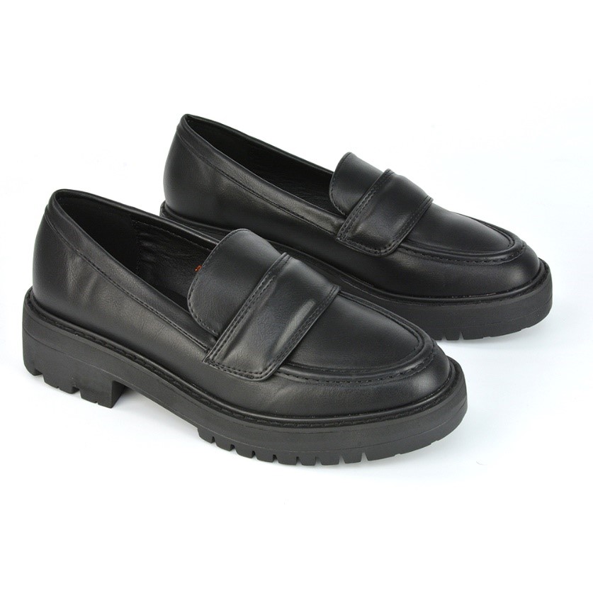 XY London Kourtney Chunky Sole Slip on School Shoes Flat Loafers in Black Synthetic