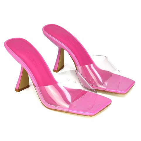 XY London Lacie Square Toe Stiletto Perspex High Heel Mule Sandals in Pink Patent