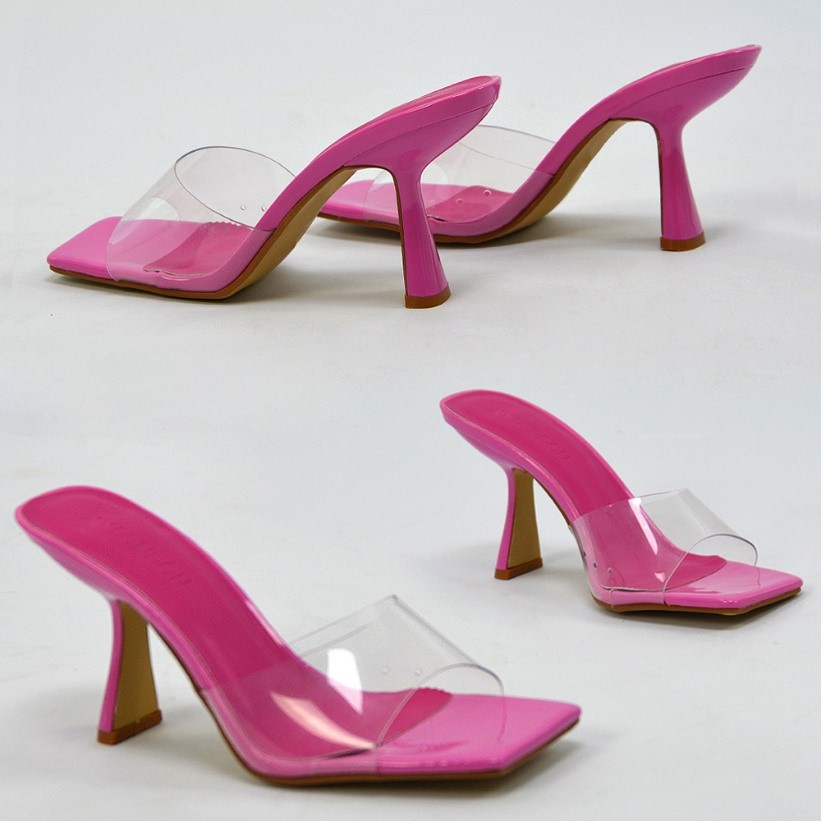 XY London Lacie Square Toe Stiletto Perspex High Heel Mule Sandals in Pink Synthetic Leather