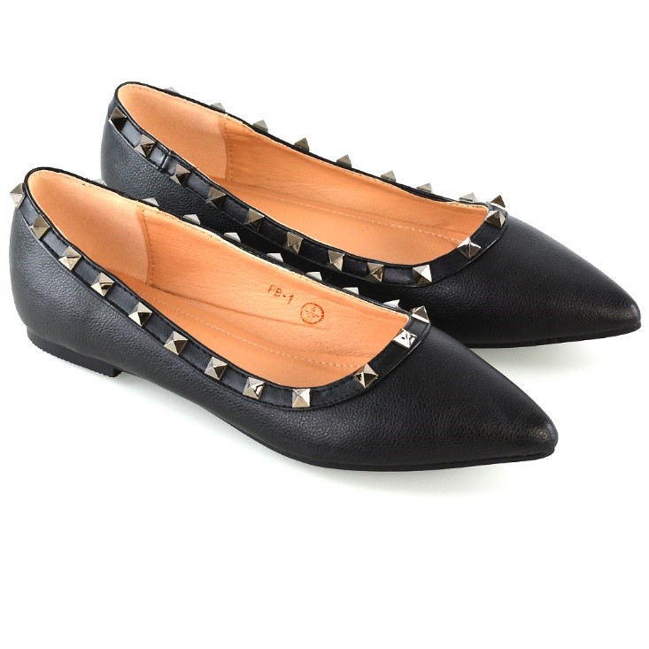 XY London Levi Metallic Studded Pointed Toe Flat Ballerina Pumps in Black Synthetic Leather