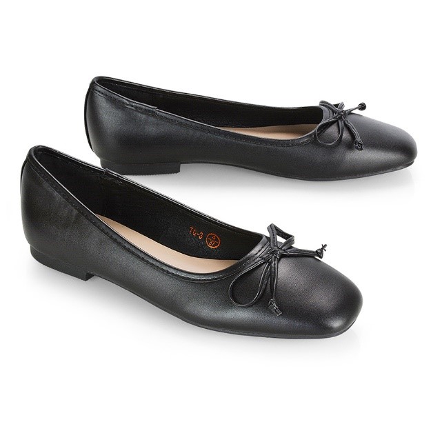 XY London Lizzy Bow Detailing Flat Square Toe Ballerina Pump Shoes in Black PU