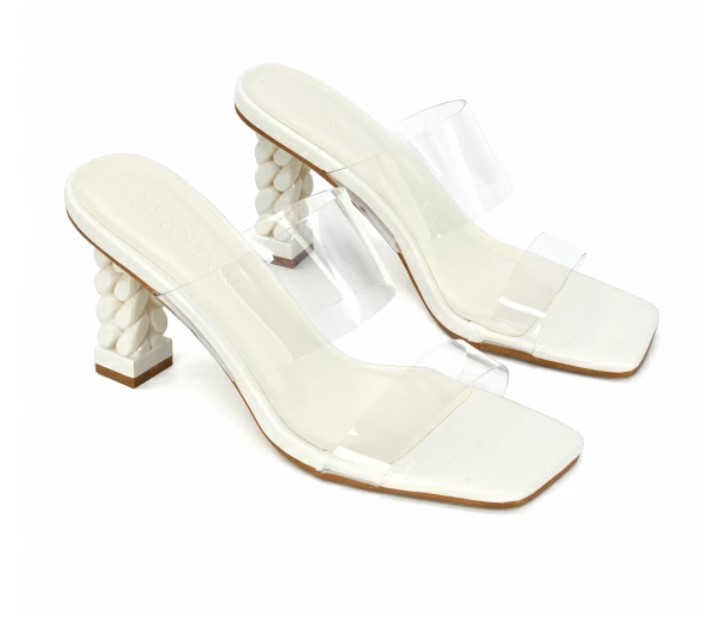Lucky Clear Strap Mid Heel Mules in White