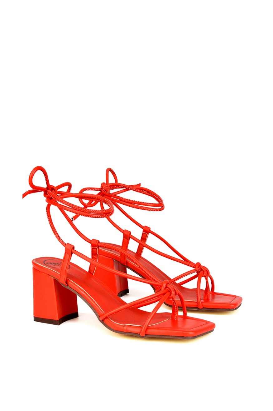 XY London Mackenzie Square Toe Post Lace Up Mid-Block High Heel Sandals in Red