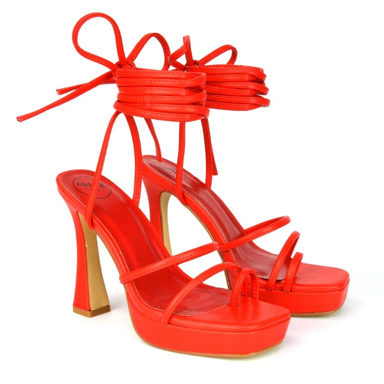 XY London Melrose Toe Post Lace up Straps Square Toe Platform High Heel in Red Synthetic Leather