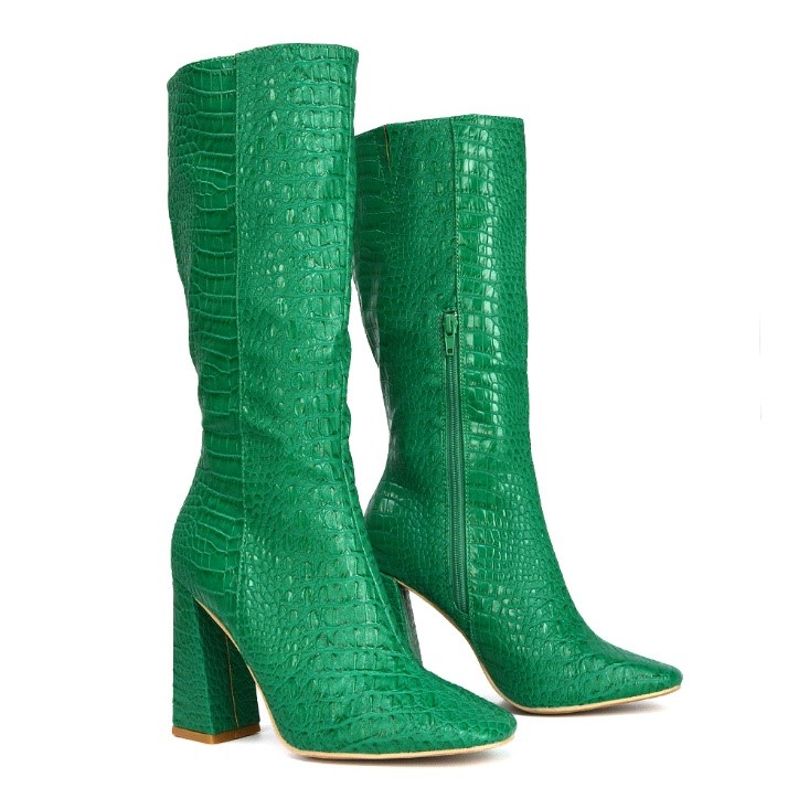 XY London Mina Pointed Toe Knee High Mid-Calf Block Heeled Long Boots in Green
