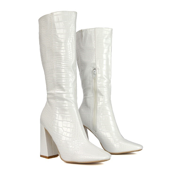 XY London Mina Pointed Toe Knee High Mid-Calf Block Heeled Long Boots in White