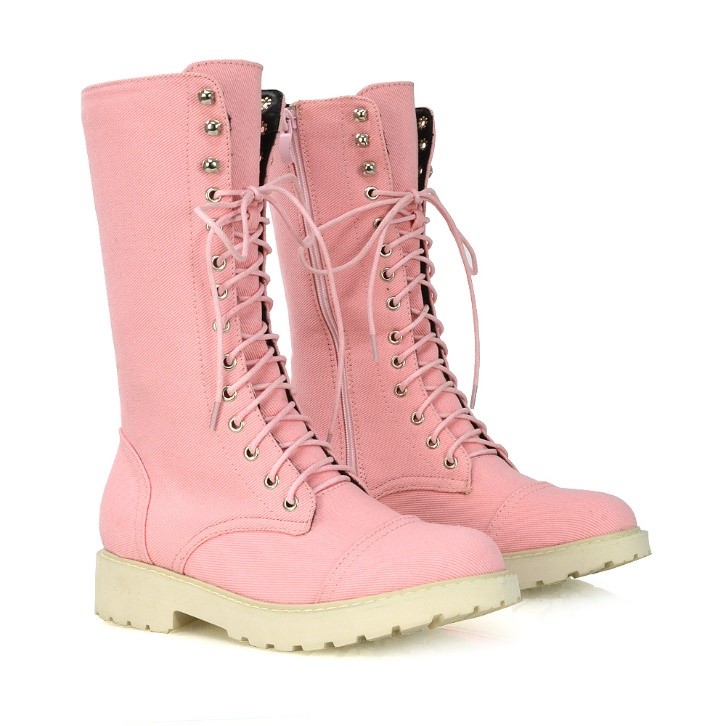 Mulan Knee High Chunky Mid-Calf Military Lace up Combat Boots in Pink Canvas