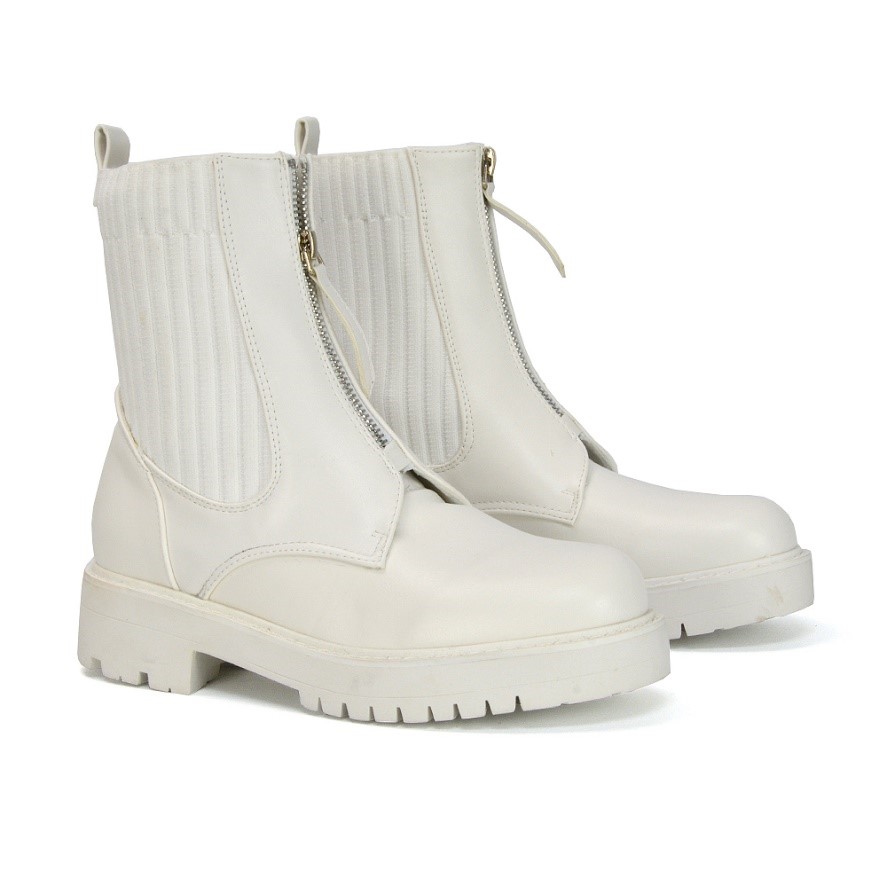 XY London Nala Front Zip up Chunky Sole Flat Biker Sock Ankle Boots in White Synthetic Leather 