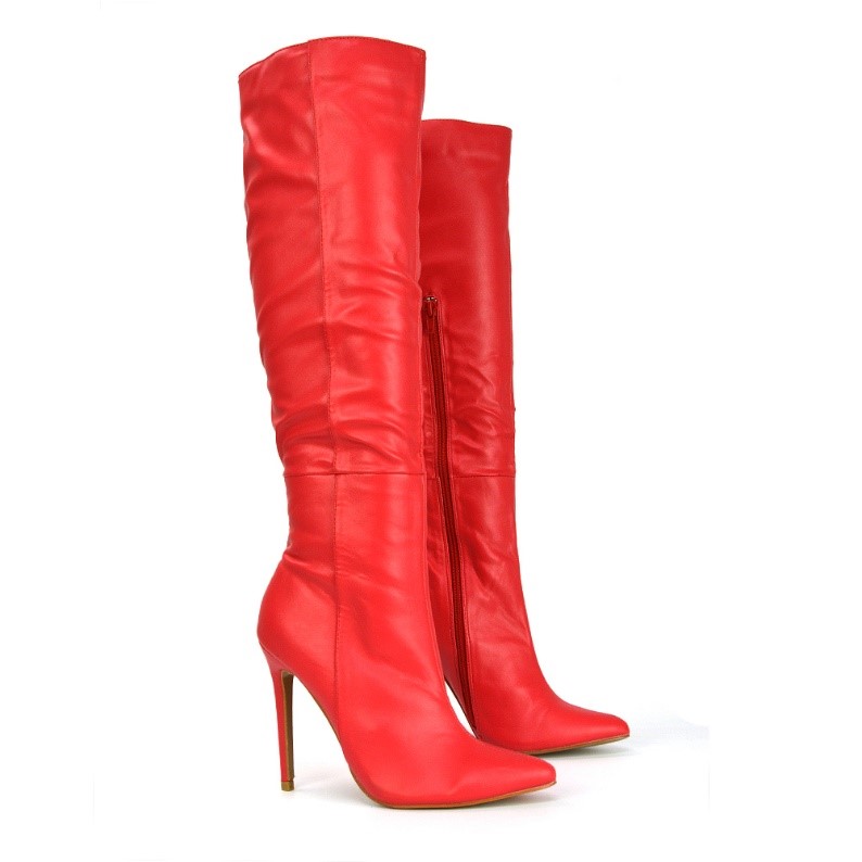 XY London Nora Pointed Toe Zip Fastening Knee High Stiletto Heeled Boots in Red Synthetic Leather
