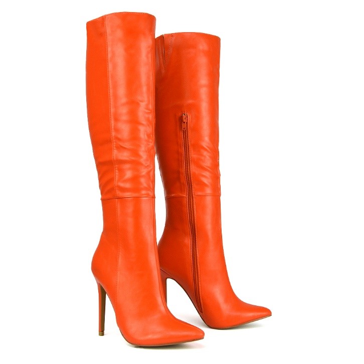 XY London Nora Pointed Toe Zip Fastening Knee High Stiletto Heeled Boots in Orange Synthetic Leather