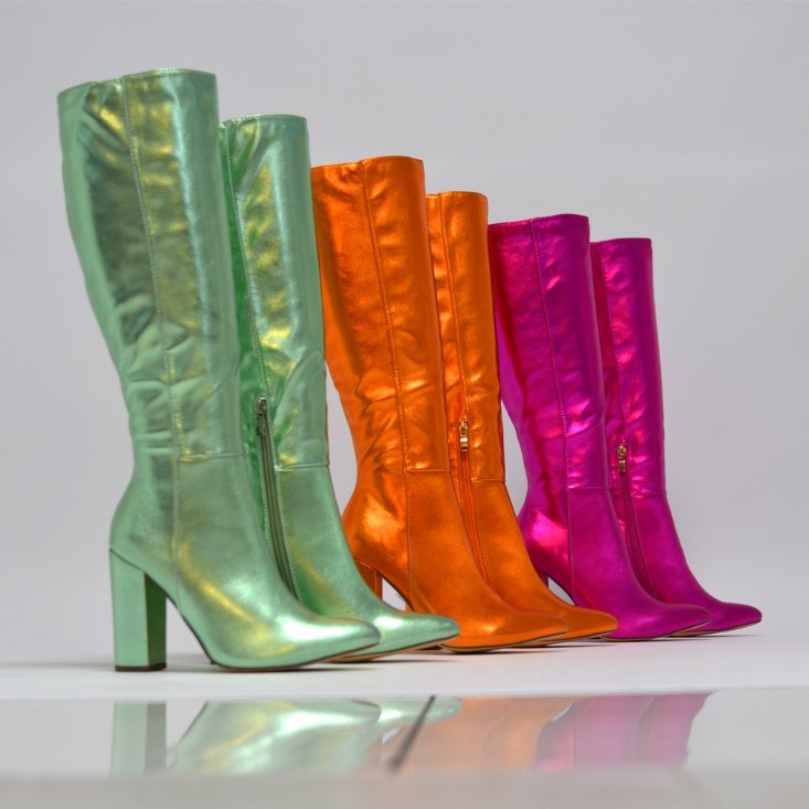XY London Opal Metallic Knee High Pointed Toe Block Heel Long Boots