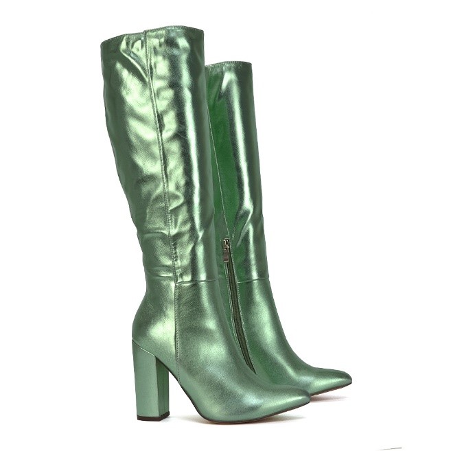 XY London Opal Green Metallic Statement Knee High Pointed Toe Block Heeled Long Boots