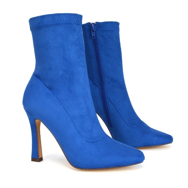 XY London Paula Pointed Toe Stiletto High Heel Ankle Sock Boots in Blue Faux Suede