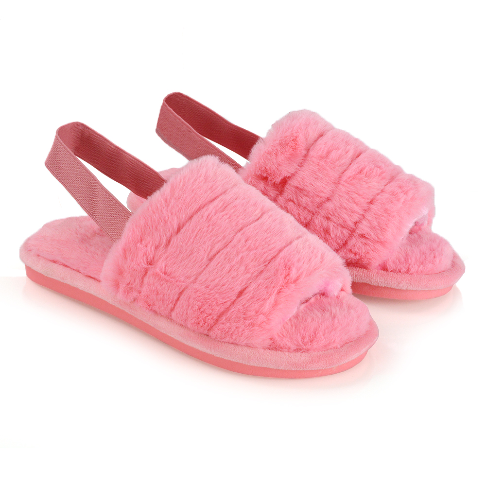 XY London Lana Faux Fur Sling Back Ribbed Strappy Soft Cosy Fluffy Slippers in Pink