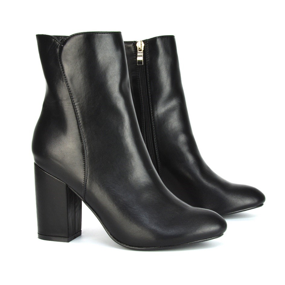 XY London Rayla Pointed Toe Zip Up Mid-Block Heel Ankle Boots in Black Synthetic Leather